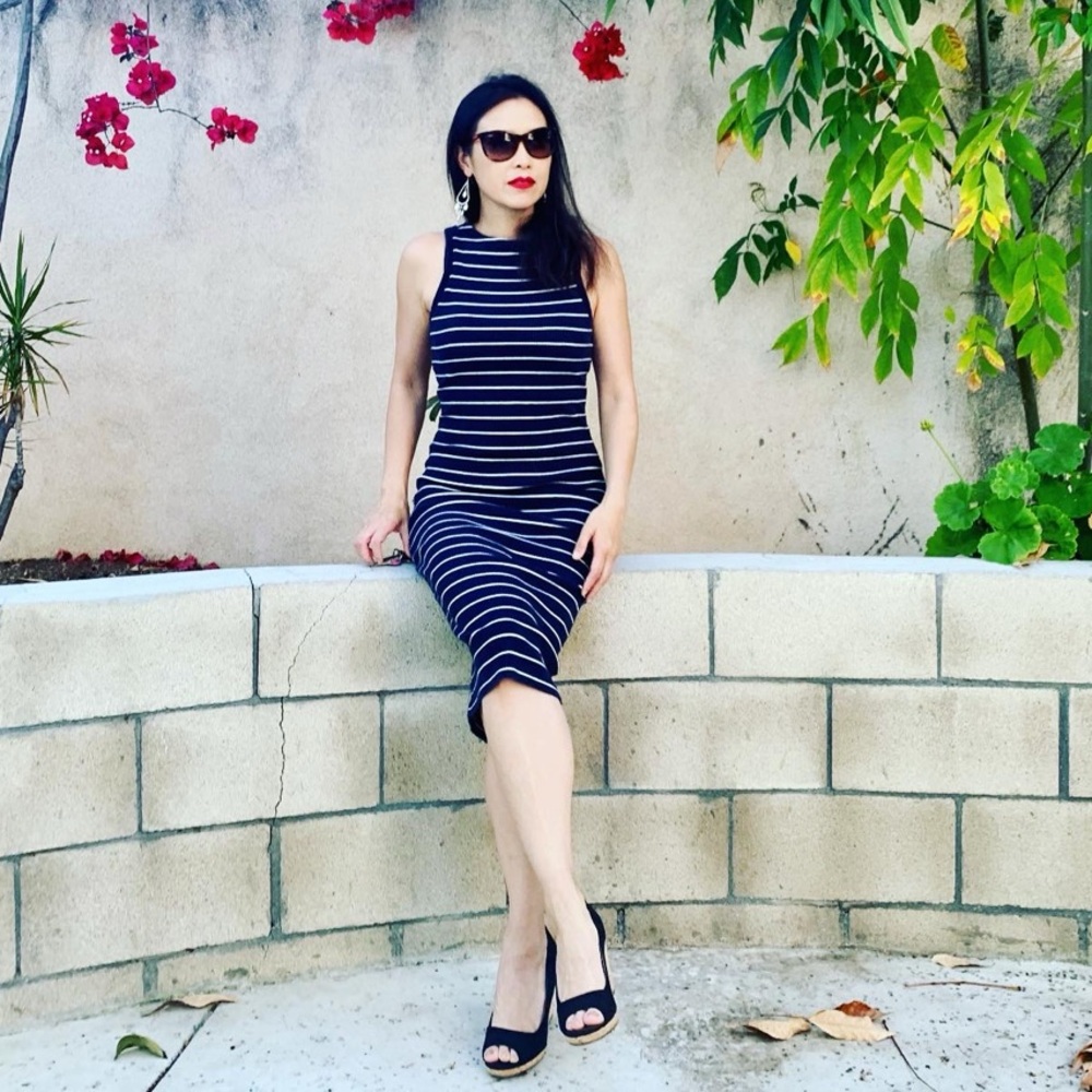 Cotton On Striped Navy Blue and White Sleeveless Dress Small